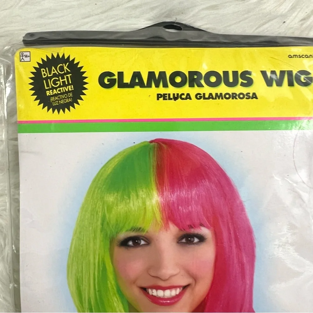 Glam Neon pink and green Wig Black Light Reactive Colors NEW costume Halloween